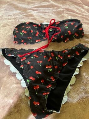 Black Cherry Print Scalloped Bikini Set